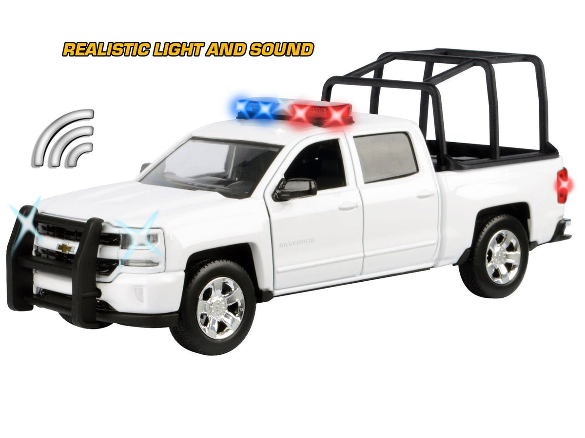 2017 Chevrolet Silverado 1500 LT Z71 Crew Cab Pickup Truck with White with Flashing Light Bar and Front and Rear Lights and Sounds 1/27 Diecast Model Car by Motormax-Motormax-ModelCars.com