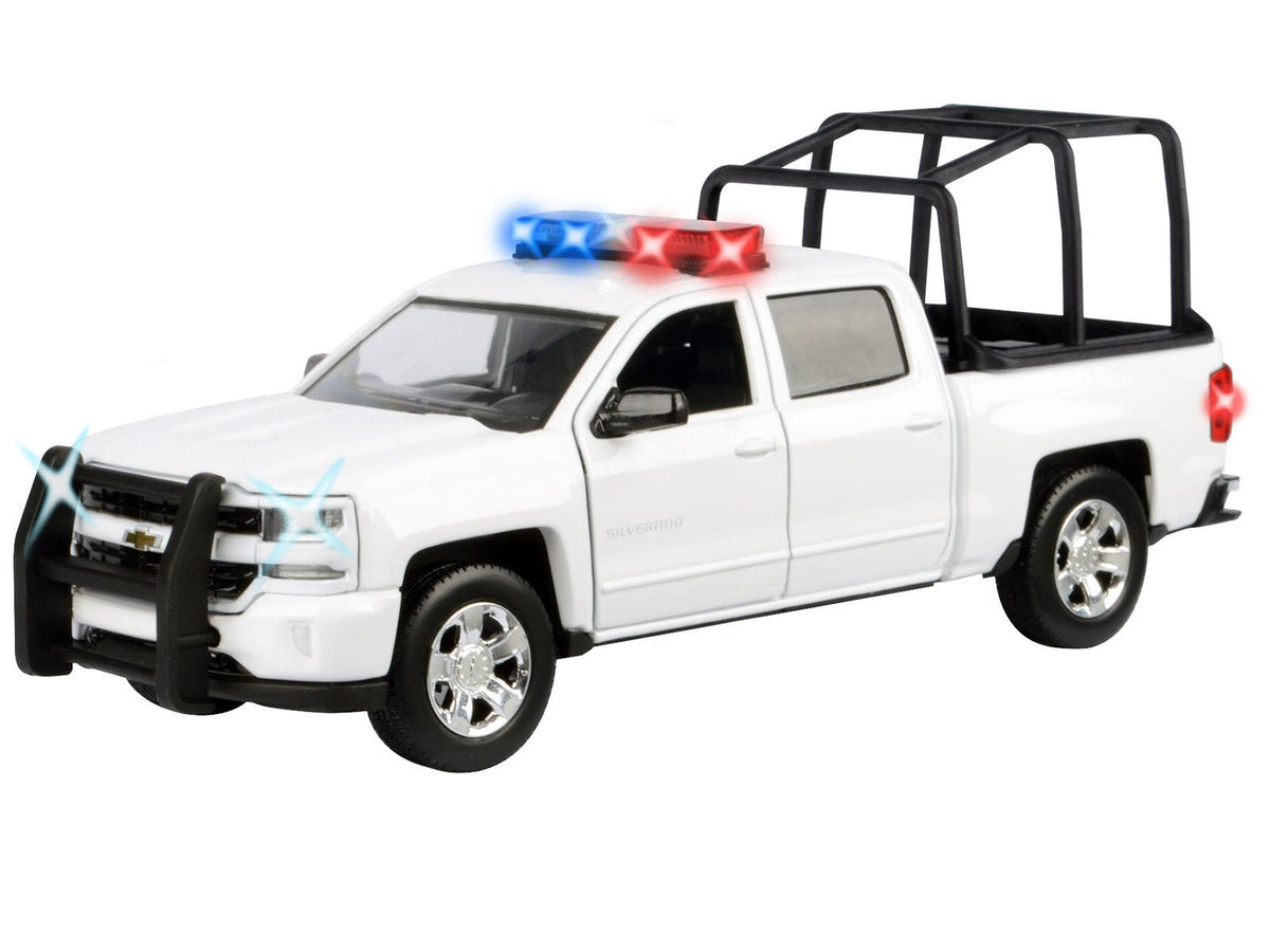 2017 Chevrolet Silverado 1500 LT Z71 Crew Cab Pickup Truck with White with Flashing Light Bar and Front and Rear Lights and Sounds 1/27 Diecast Model Car by Motormax-Motormax-ModelCars.com