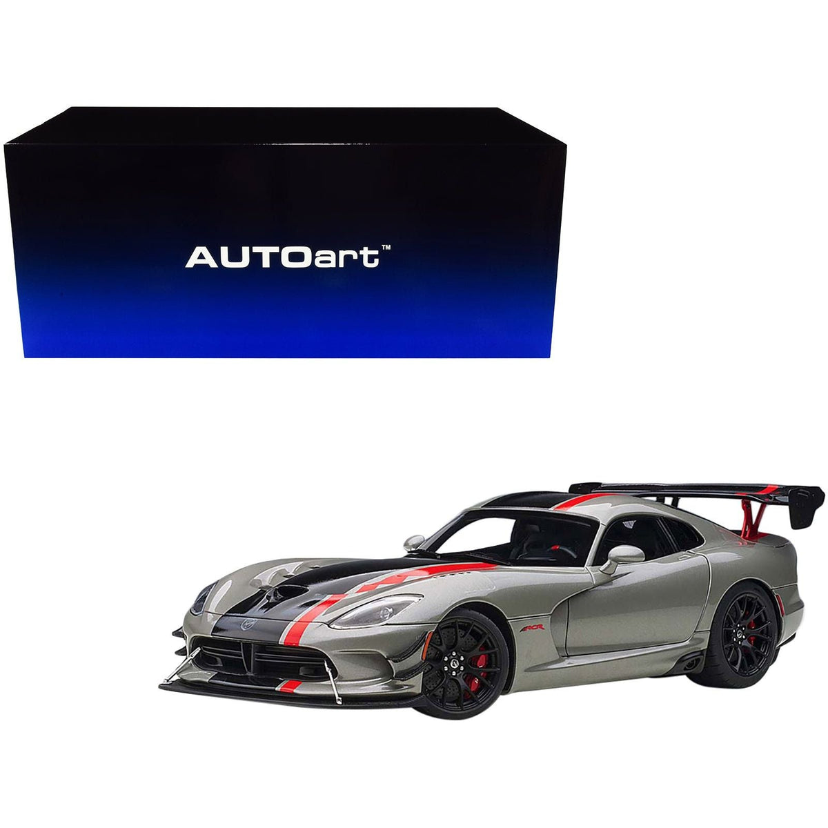 2017 Dodge Viper ACR Billet Silver Metallic with Black and Red Stripes 1/18 Model Car by Autoart-Autoart-ModelCars.com
