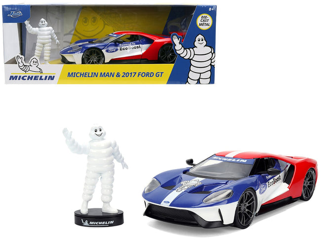 2017 Ford GT Blue and Red with White Stripes with Michelin Man Diecast Figure "Michelin Tires" "Hollywood Rides" Series 1/24 Diecast Model Car by Jada-Jada-ModelCars.com
