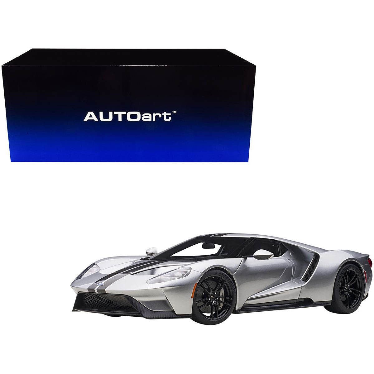 2017 Ford GT Ingot Silver Metallic with Black Stripes 1/12 Model Car by Autoart - Autoart - ModelCars.com