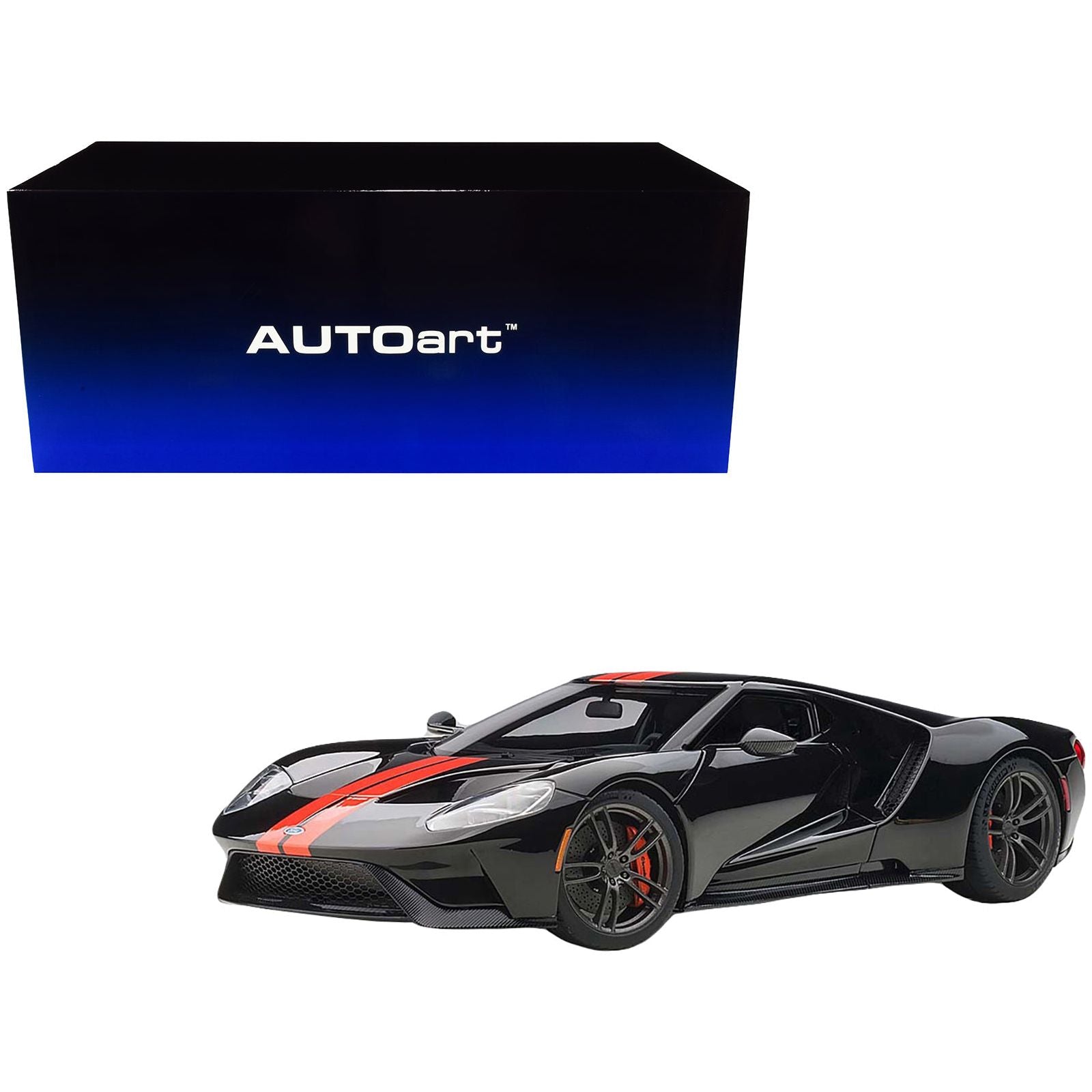 2017 Ford GT Shadow Black with Orange Stripes 1/18 Model Car by Autoart - Autoart - ModelCars.com