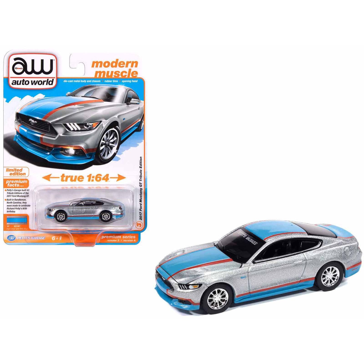 2017 Ford Mustang GT Tribute Edition "Petty's Garage" Ingot Silver Metallic with Petty Blue and Red Stripes "Modern Muscle" Series 1/64 Diecast Model Car by Auto World-Autoworld-ModelCars.com