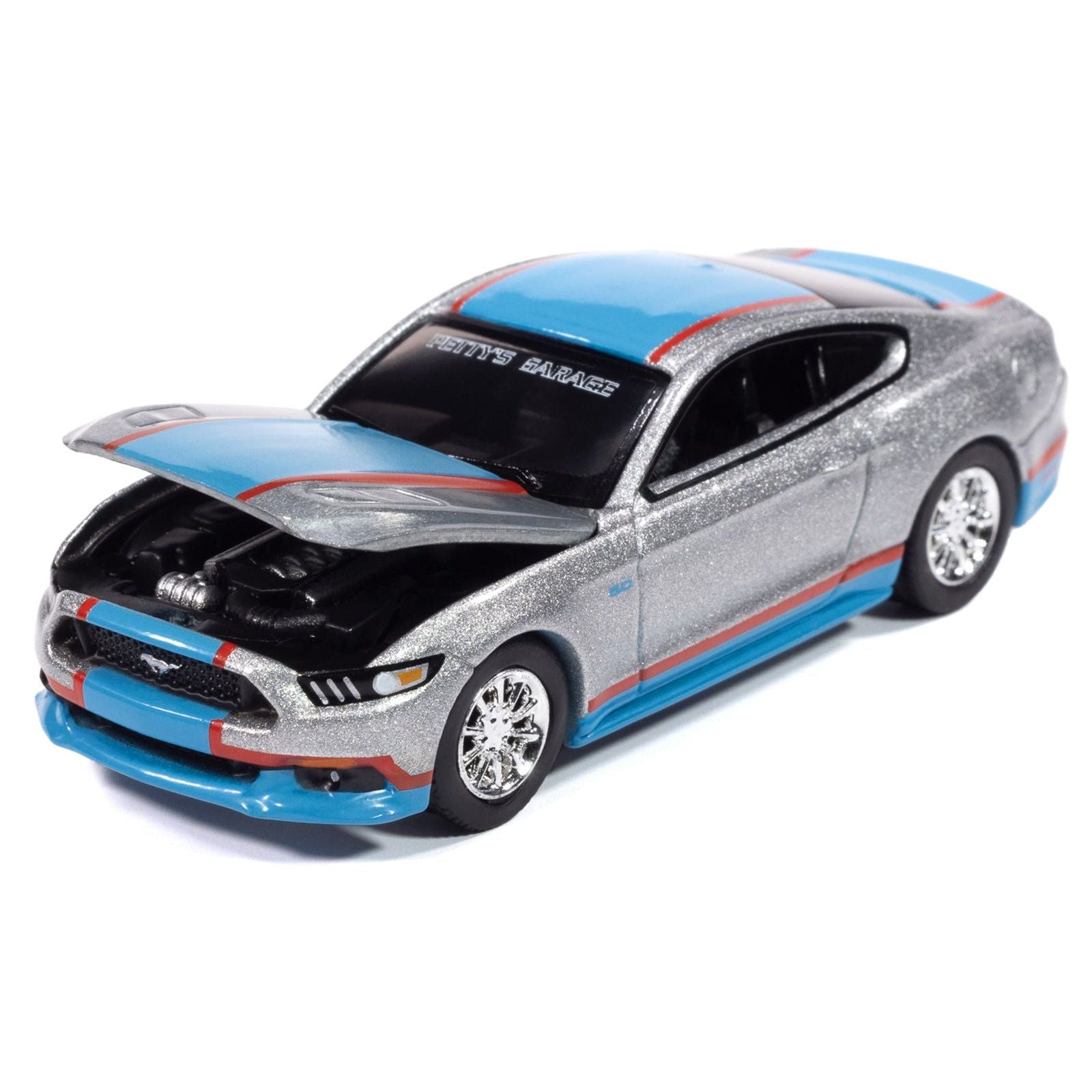 2017 Ford Mustang GT Tribute Edition "Petty's Garage" Ingot Silver Metallic with Petty Blue and Red Stripes "Modern Muscle" Series 1/64 Diecast Model Car by Auto World - Autoworld - ModelCars.com