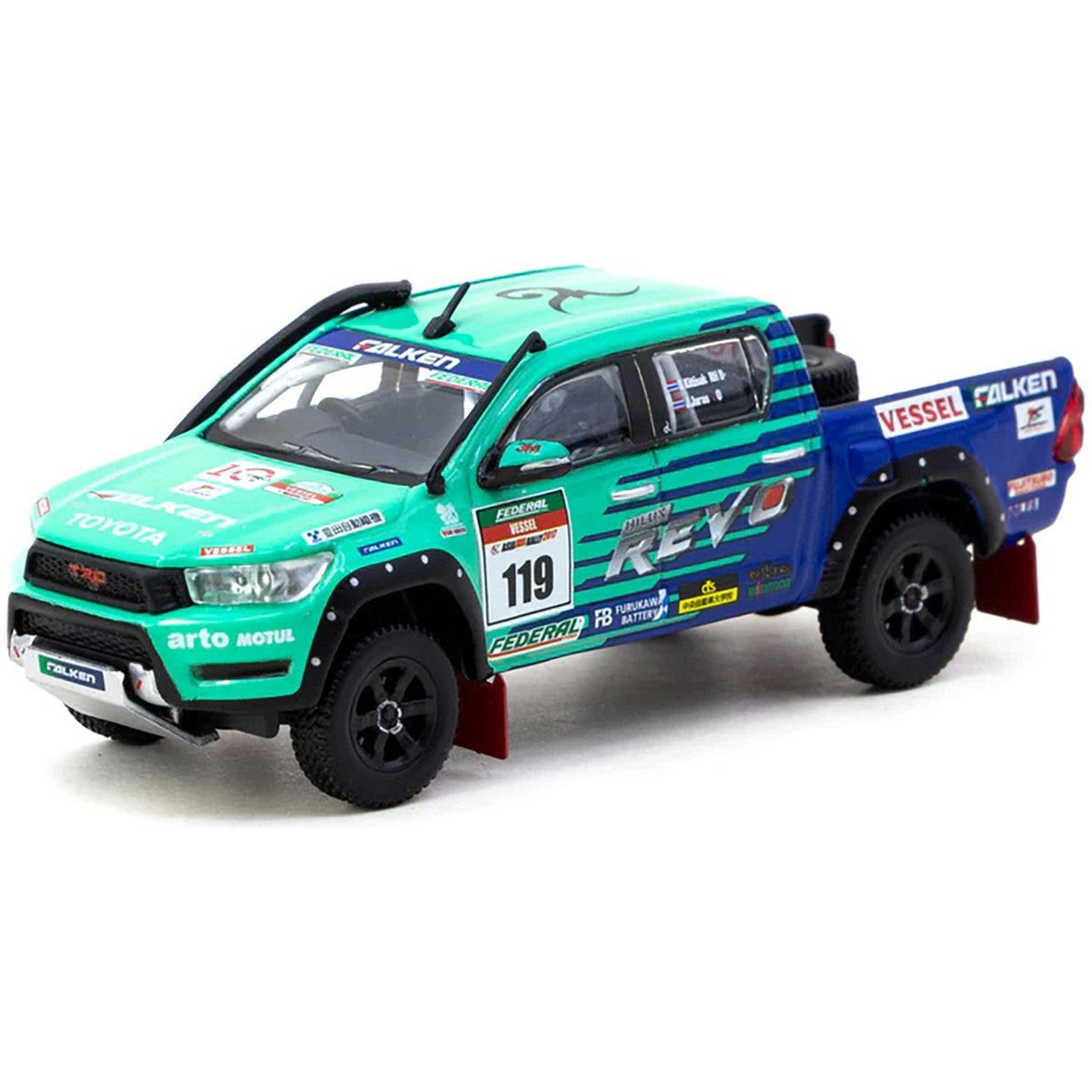 2017 Toyota Hilux AXCR Pickup Truck RHD (Right Hand Drive) 119 Green and Blue "Falken" Livery with Plastic Transporter Packaging "Falken Tires" 1/64 Diecast Model Car by Tarmac Works - Tarmac Works - ModelCars.com