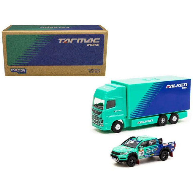 2017 Toyota Hilux AXCR Pickup Truck RHD (Right Hand Drive) #119 Green and Blue "Falken" Livery with Plastic Transporter Packaging "Falken Tires" 1/64 Diecast Model Car by Tarmac Works-Tarmac Works-ModelCars.com