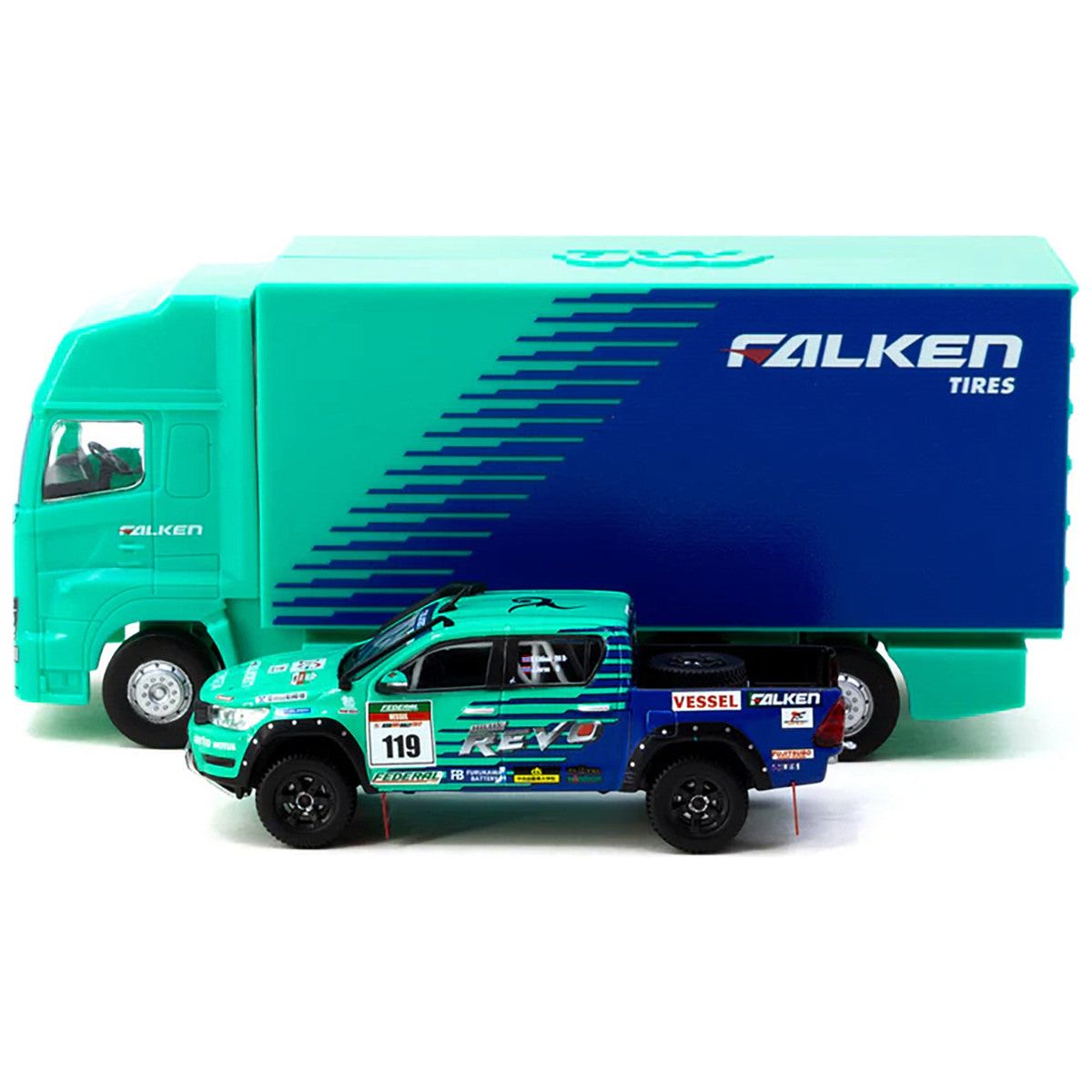 2017 Toyota Hilux AXCR Pickup Truck RHD (Right Hand Drive) 119 Green and Blue "Falken" Livery with Plastic Transporter Packaging "Falken Tires" 1/64 Diecast Model Car by Tarmac Works - Tarmac Works - ModelCars.com