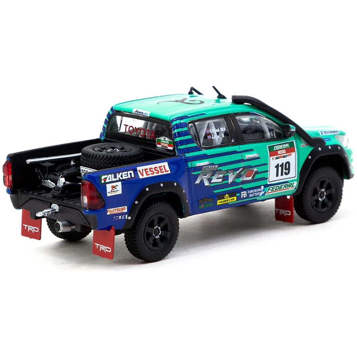 2017 Toyota Hilux AXCR Pickup Truck RHD (Right Hand Drive) 119 Green and Blue "Falken" Livery with Plastic Transporter Packaging "Falken Tires" 1/64 Diecast Model Car by Tarmac Works - Tarmac Works - ModelCars.com