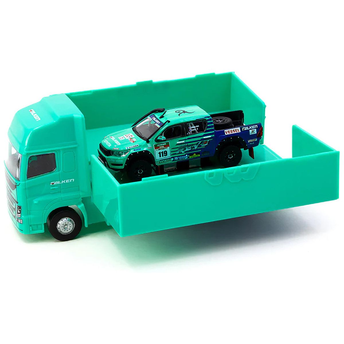 2017 Toyota Hilux AXCR Pickup Truck RHD (Right Hand Drive) 119 Green and Blue "Falken" Livery with Plastic Transporter Packaging "Falken Tires" 1/64 Diecast Model Car by Tarmac Works - Tarmac Works - ModelCars.com