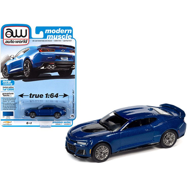 2018 Chevrolet Camaro ZL1 Hyper Blue Metallic "Modern Muscle" Limited Edition to 13000 pieces Worldwide 1/64 Diecast Model Car by Auto World-Autoworld-ModelCars.com