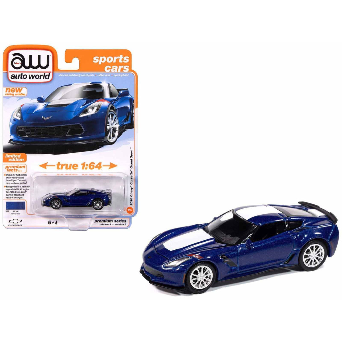 2018 Chevrolet Corvette Grand Sport Admiral Blue with White Stripe "Sports Cars" Series 1/64 Diecast Model Car by Auto World-Autoworld-ModelCars.com