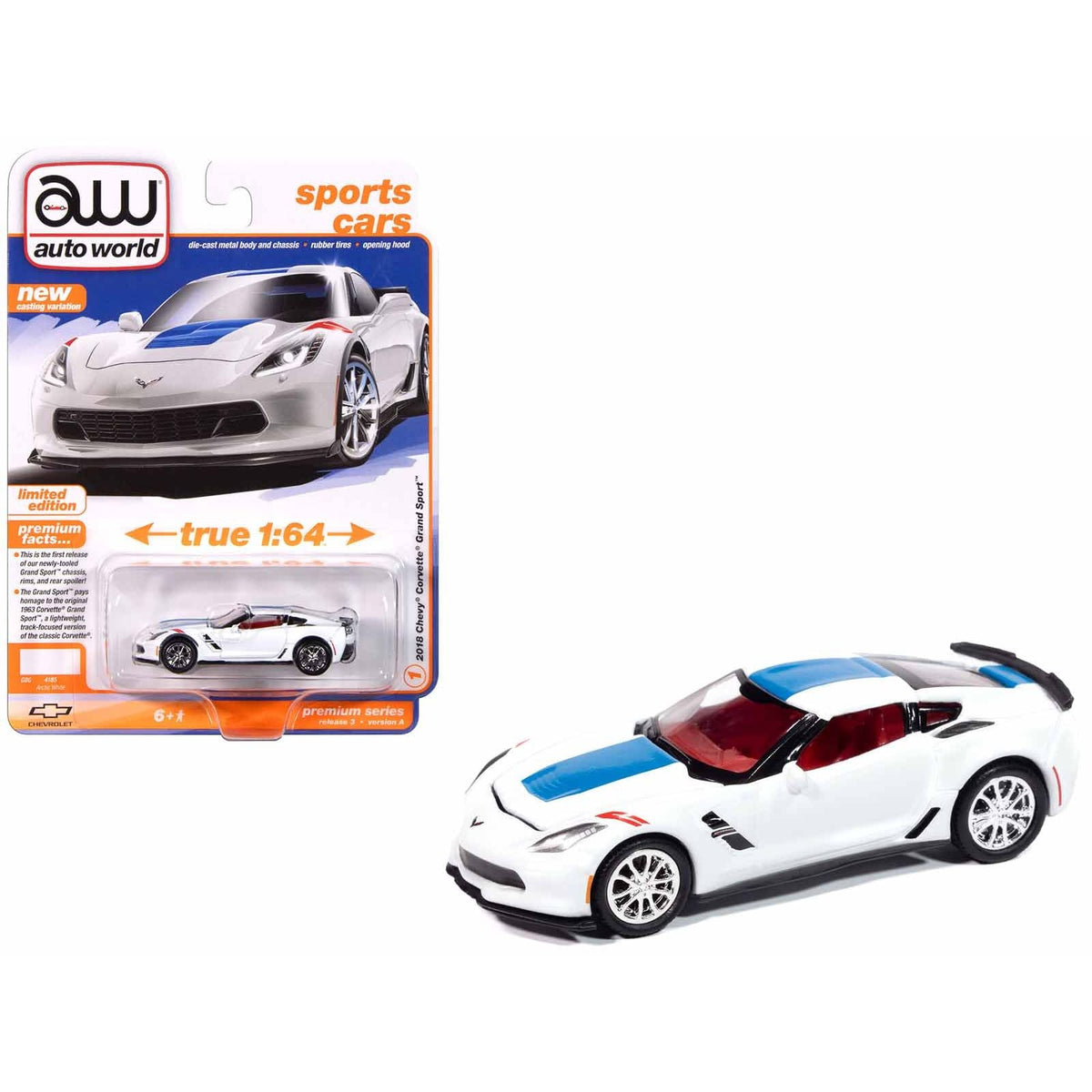 2018 Chevrolet Corvette Grand Sport Arctic White with Blue Stripe and Red Interior "Sports Cars" Series 1/64 Diecast Model Car by Auto World-Autoworld-ModelCars.com