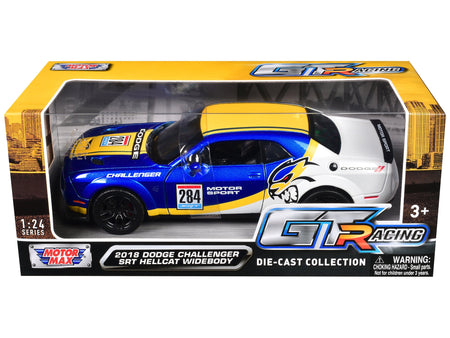 2018 Dodge Challenger SRT Hellcat Widebody #284 Blue Metallic and White with Yellow Graphics "GT Racing" Series 1/24 Diecast Model Car by Motormax-Motormax-ModelCars.com