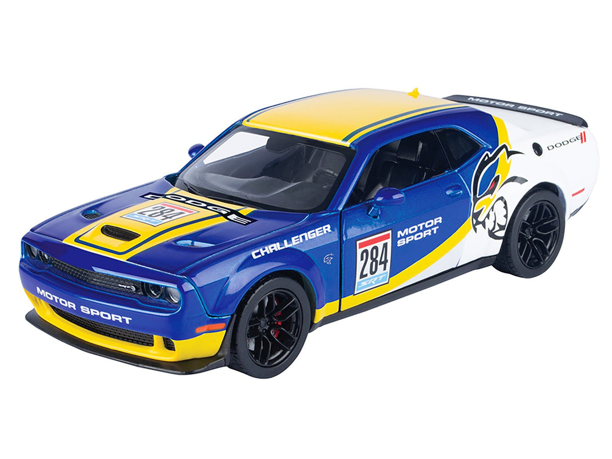2018 Dodge Challenger SRT Hellcat Widebody #284 Blue Metallic and White with Yellow Graphics "GT Racing" Series 1/24 Diecast Model Car by Motormax-Motormax-ModelCars.com