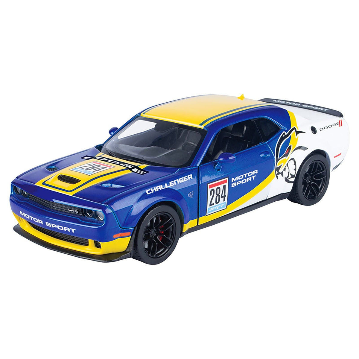 2018 Dodge Challenger SRT Hellcat Widebody 284 Blue Metallic and White with Yellow Graphics "GT Racing" Series 1/24 Diecast Model Car by Motormax - Motormax - ModelCars.com