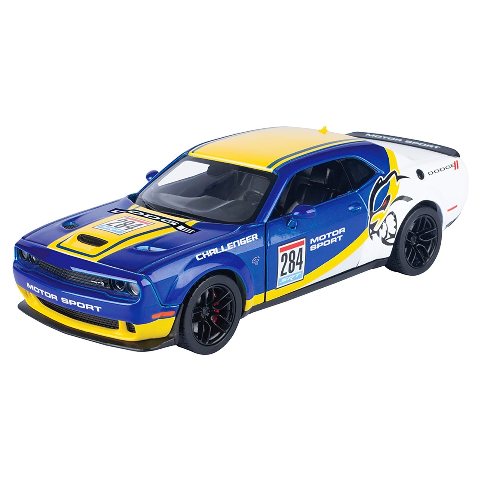 2018 Dodge Challenger SRT Hellcat Widebody 284 Blue Metallic and White with Yellow Graphics "GT Racing" Series 1/24 Diecast Model Car by Motormax - Motormax - ModelCars.com