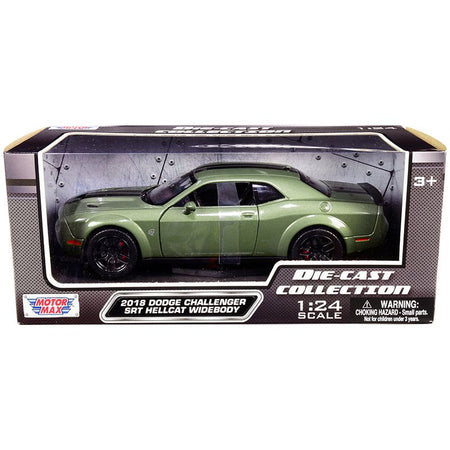 2018 Dodge Challenger SRT Hellcat Widebody Green Metallic with Black Stripes 1/24 Diecast Model Car by Motormax - Motormax - ModelCars.com