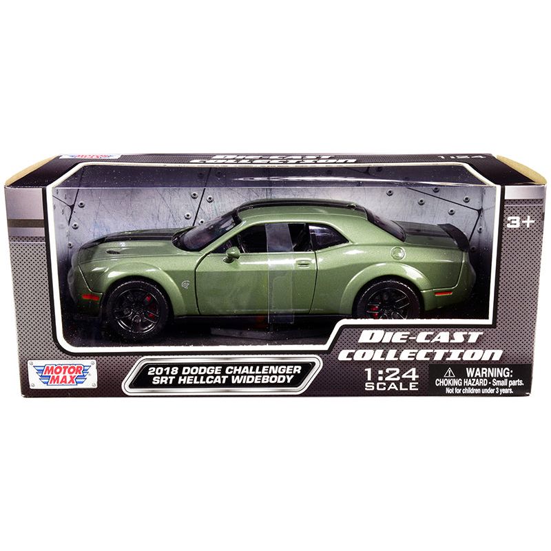 2018 Dodge Challenger SRT Hellcat Widebody Green Metallic with Black Stripes 1/24 Diecast Model Car by Motormax-Motormax-ModelCars.com