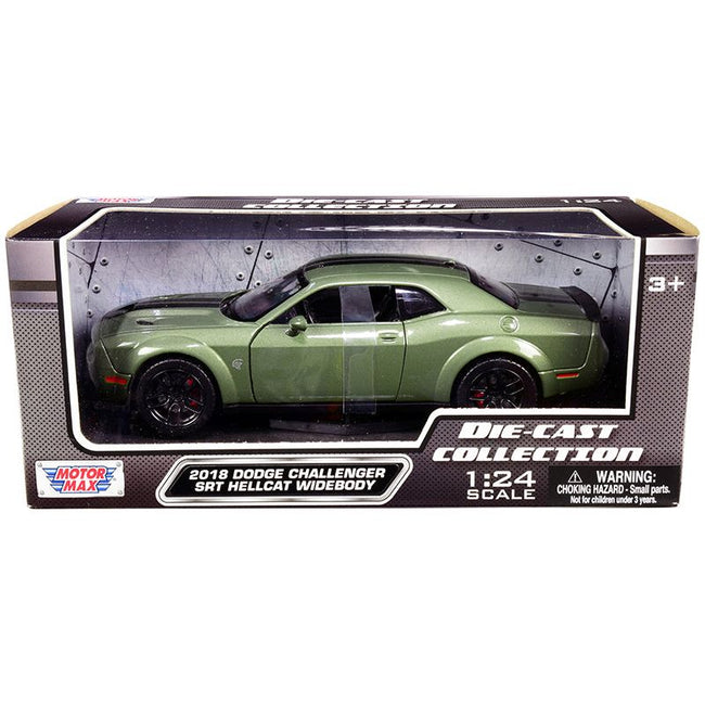 2018 Dodge Challenger SRT Hellcat Widebody Green Metallic with Black Stripes 1/24 Diecast Model Car by Motormax-Motormax-ModelCars.com