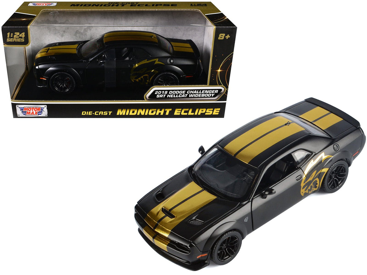 2018 Dodge Challenger SRT Hellcat Widebody Matt Black with Gold Stripes and Graphics "Midnight Eclipse" Series 1/24 Diecast Model Car by Motormax-Motormax-ModelCars.com