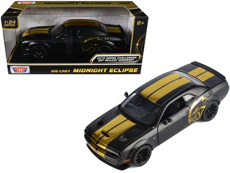 2018 Dodge Challenger SRT Hellcat Widebody Matt Black with Gold Stripes and Graphics "Midnight Eclipse" Series 1/24 Diecast Model Car by Motormax-Motormax-ModelCars.com