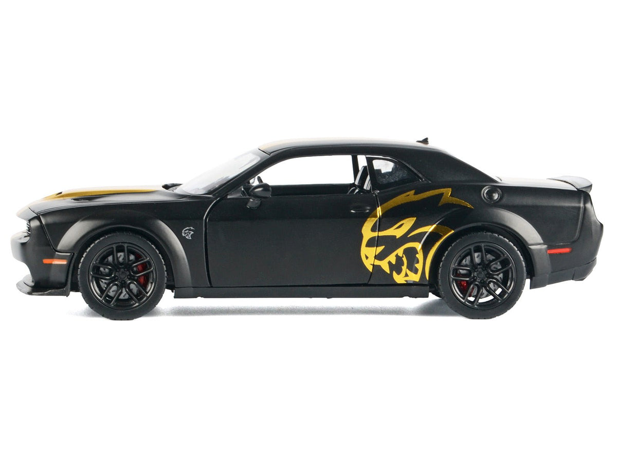 2018 Dodge Challenger SRT Hellcat Widebody Matt Black with Gold Stripes and Graphics "Midnight Eclipse" Series 1/24 Diecast Model Car by Motormax-Motormax-ModelCars.com