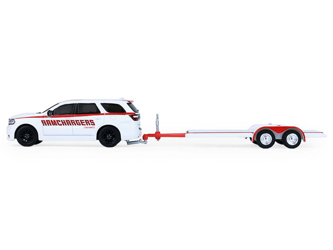 2018 Dodge Durango White with Red Stripes and 2021 Dodge Challenger SRT White with Red Stripes "Ramchargers" with Flatbed Trailer "Racing Hitch & Tow" Series 6 1/64 Diecast Model Cars by Greenlight-Greenlight-ModelCars.com