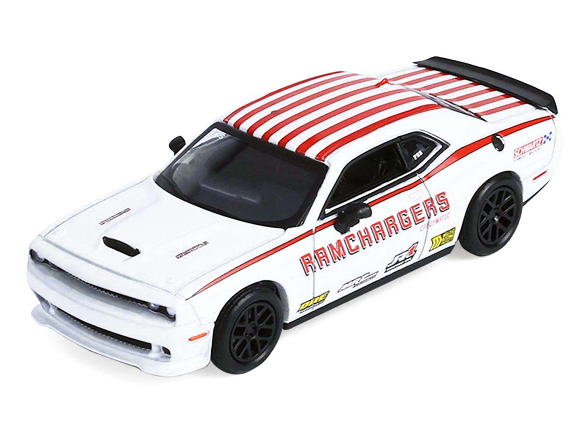 2018 Dodge Durango White with Red Stripes and 2021 Dodge Challenger SRT White with Red Stripes "Ramchargers" with Flatbed Trailer "Racing Hitch & Tow" Series 6 1/64 Diecast Model Cars by Greenlight-Greenlight-ModelCars.com