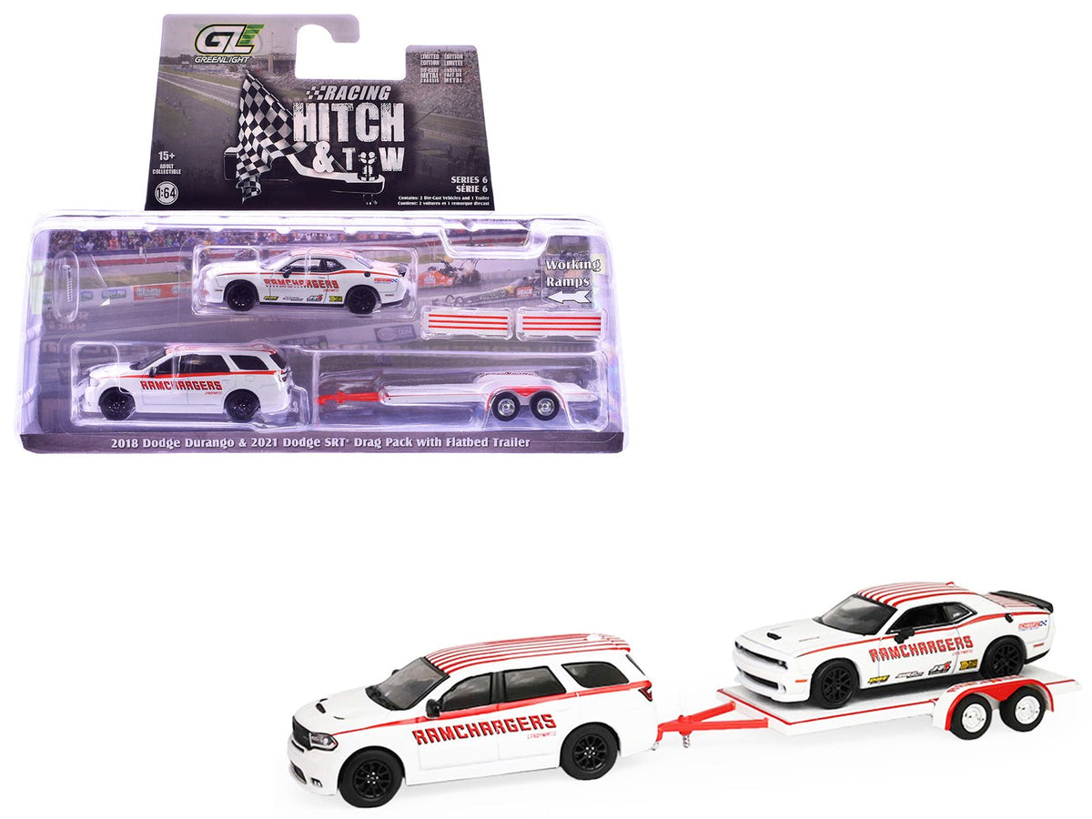 2018 Dodge Durango White with Red Stripes and 2021 Dodge Challenger SRT White with Red Stripes "Ramchargers" with Flatbed Trailer "Racing Hitch & Tow" Series 6 1/64 Diecast Model Cars by Greenlight-Greenlight-ModelCars.com