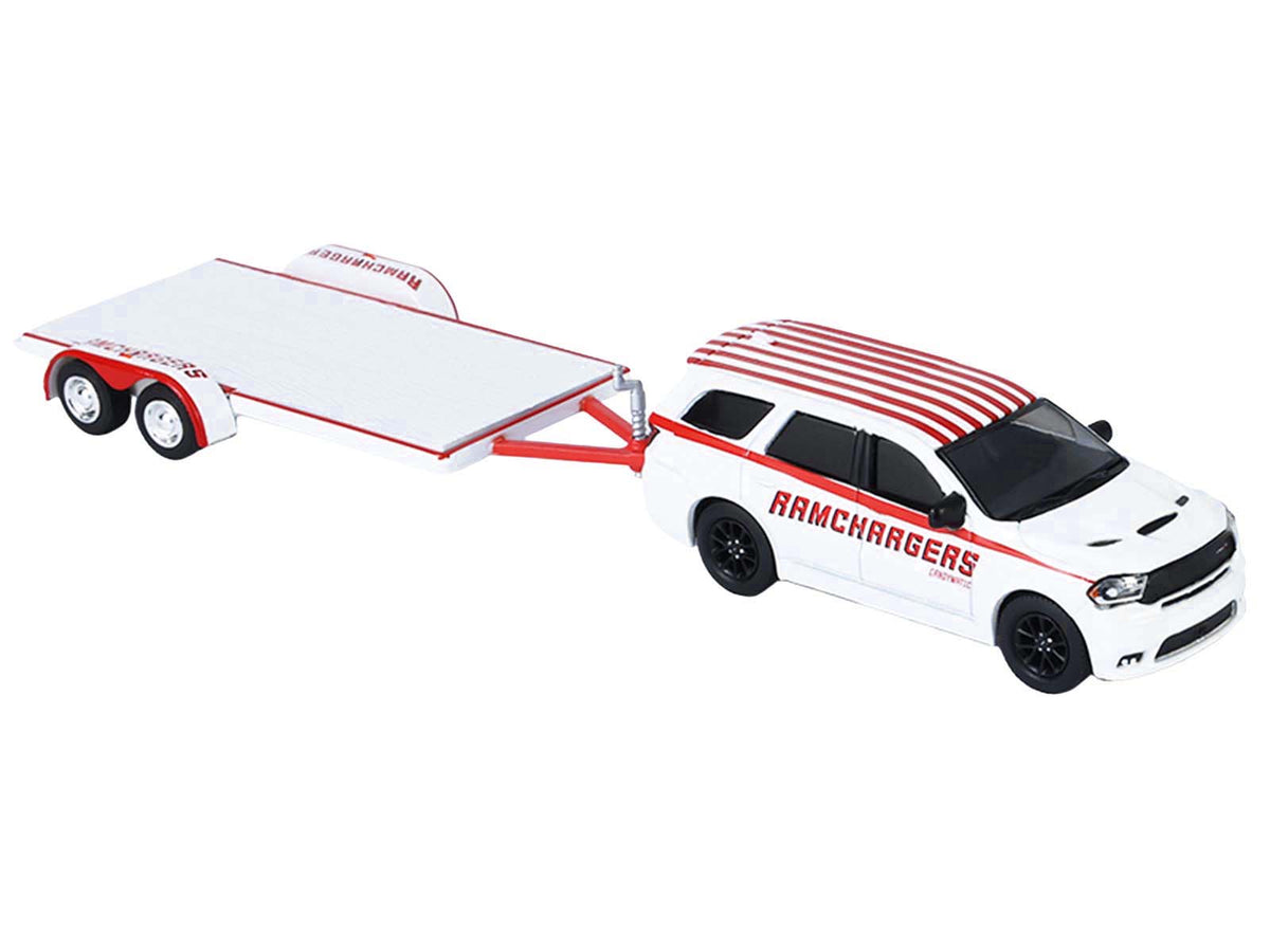 2018 Dodge Durango White with Red Stripes and 2021 Dodge Challenger SRT White with Red Stripes "Ramchargers" with Flatbed Trailer "Racing Hitch & Tow" Series 6 1/64 Diecast Model Cars by Greenlight-Greenlight-ModelCars.com