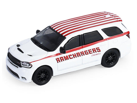 2018 Dodge Durango White with Red Stripes and 2021 Dodge Challenger SRT White with Red Stripes "Ramchargers" with Flatbed Trailer "Racing Hitch & Tow" Series 6 1/64 Diecast Model Cars by Greenlight-Greenlight-ModelCars.com