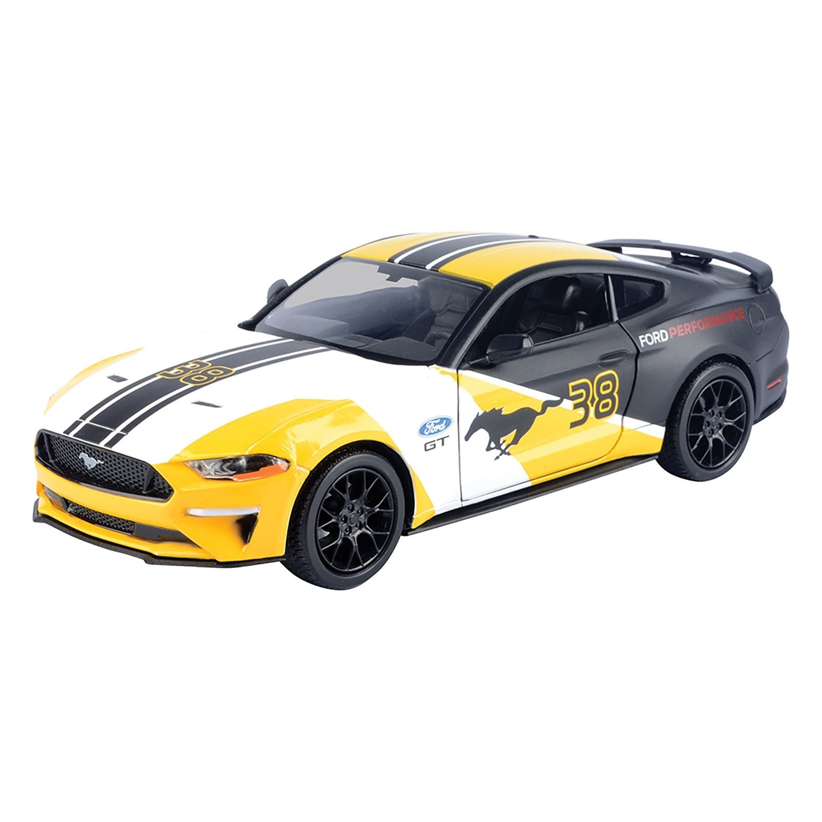 2018 Ford Mustang GT 38 White and Matt Black with Yellow Graphics "GT Racing" Series 1/24 Diecast Model Car by Motormax - Motormax - ModelCars.com