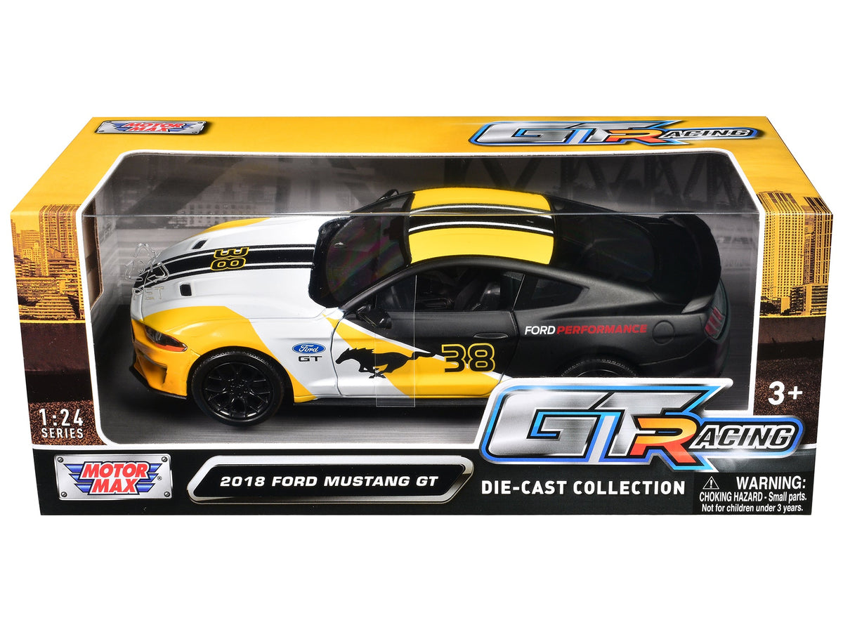 2018 Ford Mustang GT #38 White and Matt Black with Yellow Graphics "GT Racing" Series 1/24 Diecast Model Car by Motormax-Motormax-ModelCars.com