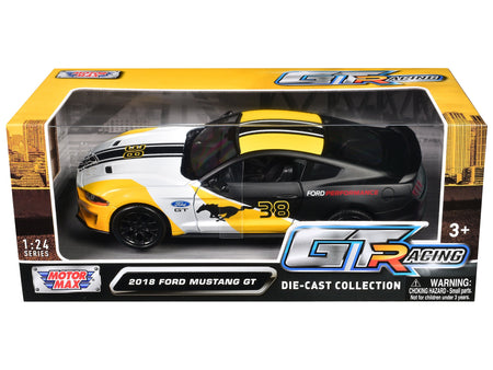 2018 Ford Mustang GT #38 White and Matt Black with Yellow Graphics "GT Racing" Series 1/24 Diecast Model Car by Motormax-Motormax-ModelCars.com