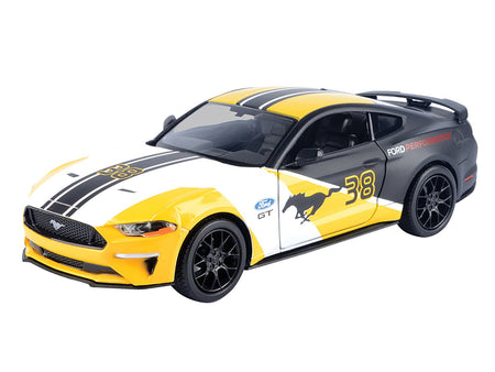 2018 Ford Mustang GT #38 White and Matt Black with Yellow Graphics "GT Racing" Series 1/24 Diecast Model Car by Motormax-Motormax-ModelCars.com