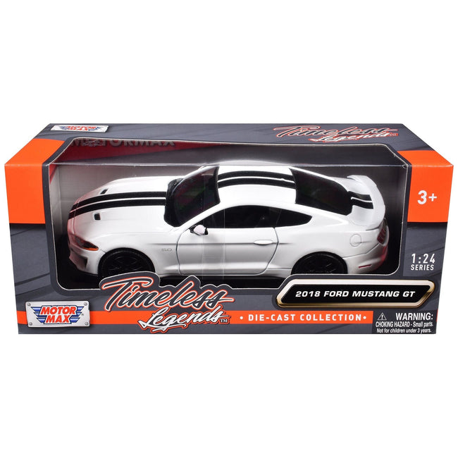 2018 Ford Mustang GT 5.0 White with Black Stripes "Timeless Legends" Series 1/24 Diecast Model Car by Motormax-Motormax-ModelCars.com