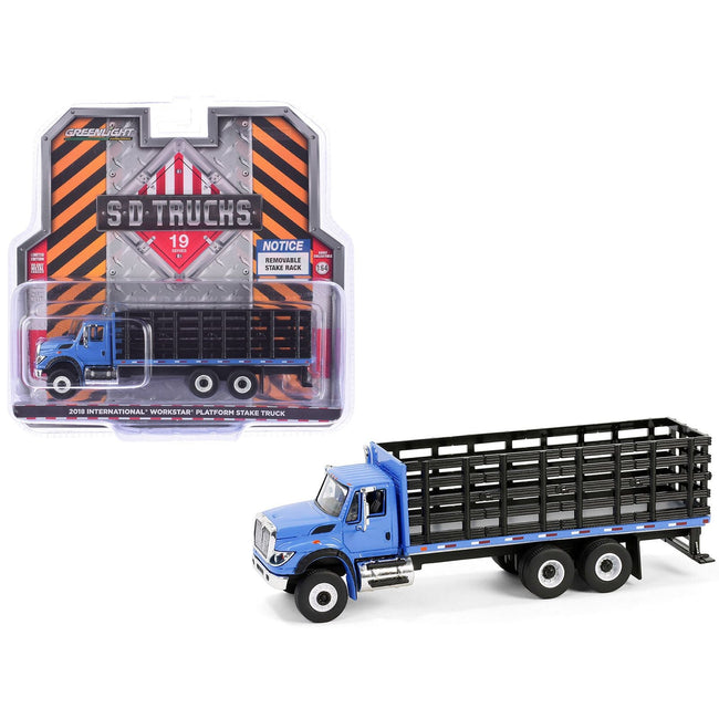2018 International WorkStar Platform Stake Truck Blue "S.D. Trucks" Series 19 1/64 Diecast Model Car by Greenlight-Greenlight-ModelCars.com