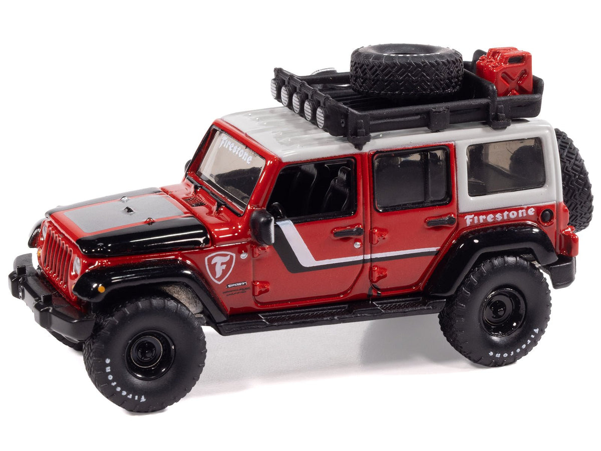 2018 Jeep Wrangler JK Unlimited Sport "Firestone Field Agent" Red with Graphics and Gray Top with Roof Rack "Big Country Collectibles" 2025 Series 1/64 Diecast Model Car by Auto World-Autoworld-ModelCars.com