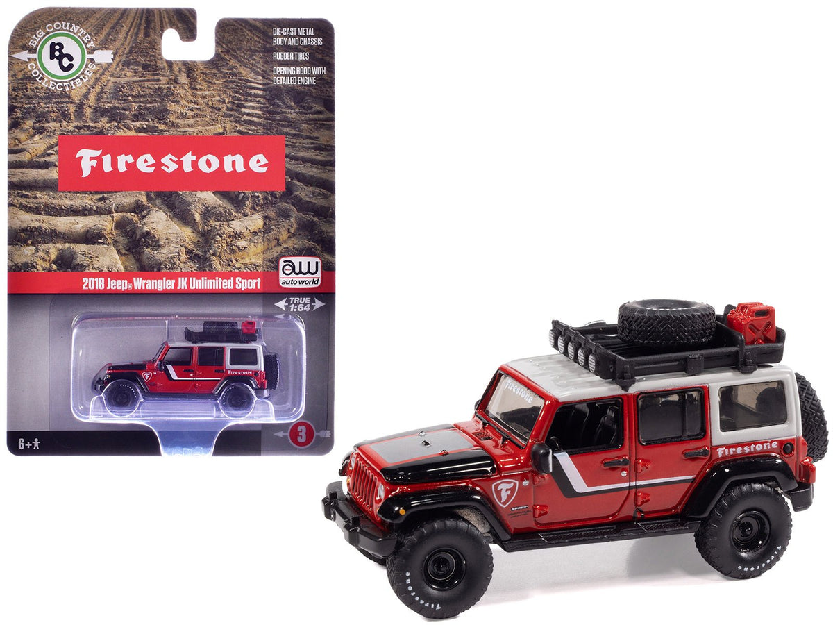 2018 Jeep Wrangler JK Unlimited Sport "Firestone Field Agent" Red with Graphics and Gray Top with Roof Rack "Big Country Collectibles" 2025 Series 1/64 Diecast Model Car by Auto World-Autoworld-ModelCars.com