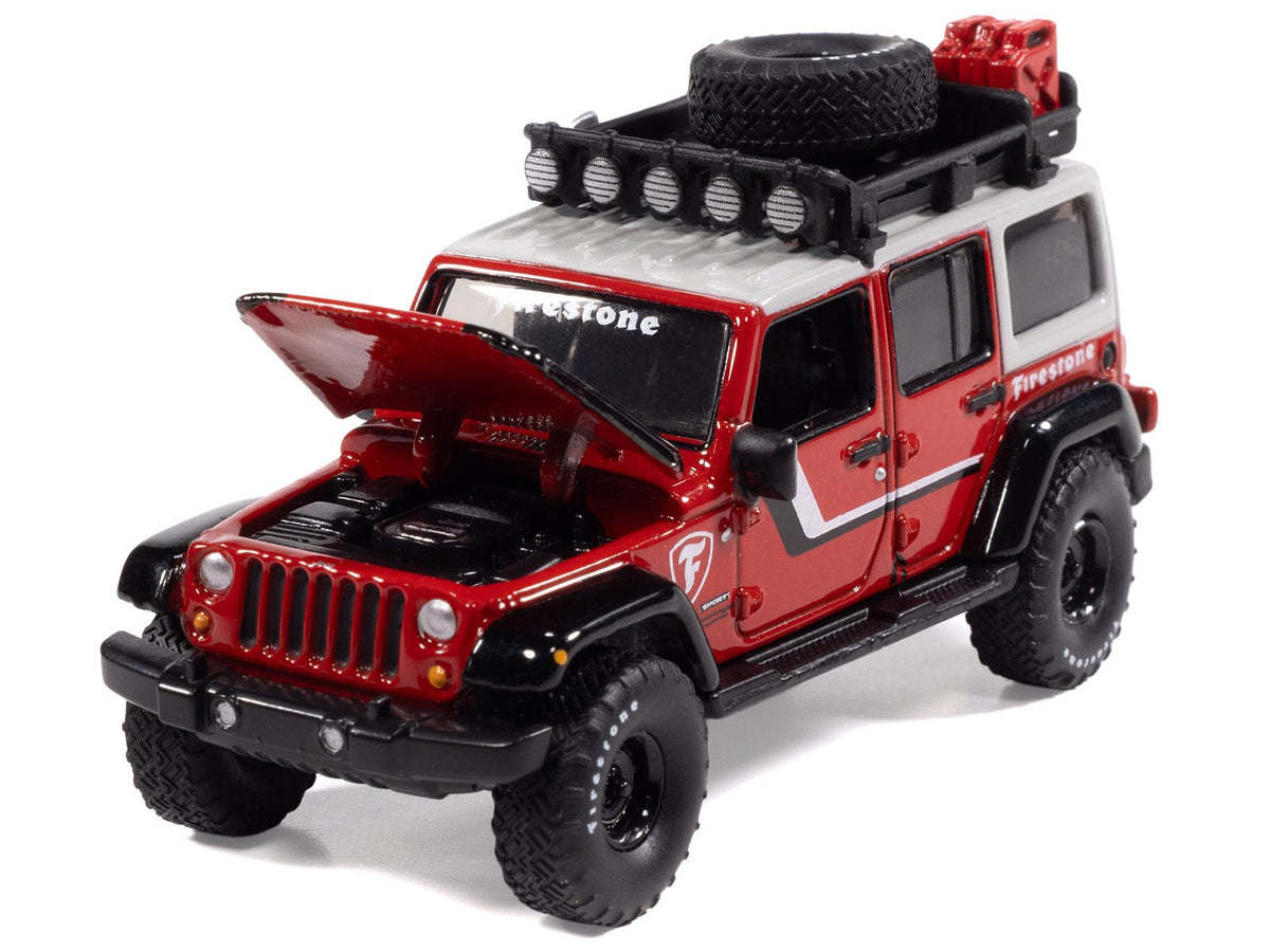 2018 Jeep Wrangler JK Unlimited Sport "Firestone Field Agent" Red with Graphics and Gray Top with Roof Rack "Big Country Collectibles" 2025 Series 1/64 Diecast Model Car by Auto World-Autoworld-ModelCars.com