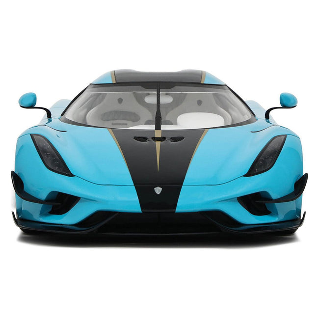 2018 Koenigsegg Regera Baby Blue with Black Stripes and White Interior 1/18 Model Car by GT Spirit - GT Spirit - ModelCars.com