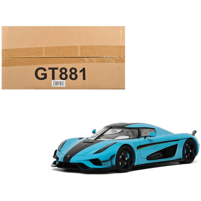2018 Koenigsegg Regera Baby Blue with Black Stripes and White Interior 1/18 Model Car by GT Spirit - GT Spirit - ModelCars.com