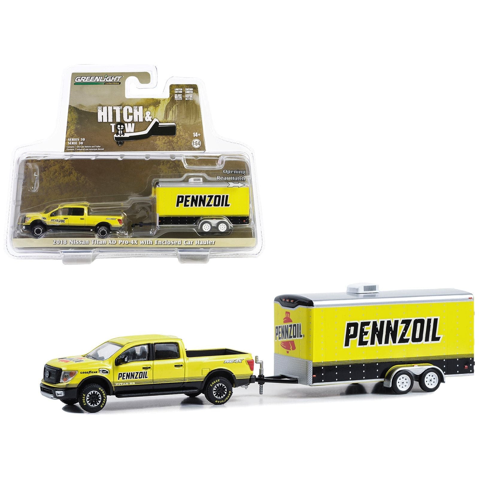 2018 Nissan Titan XD Pro - 4X Pickup Truck Yellow with Enclosed Car Hauler "Pennzoil" "Hitch & Tow" Series 30 1/64 Diecast Model Car by Greenlight - Greenlight - ModelCars.com