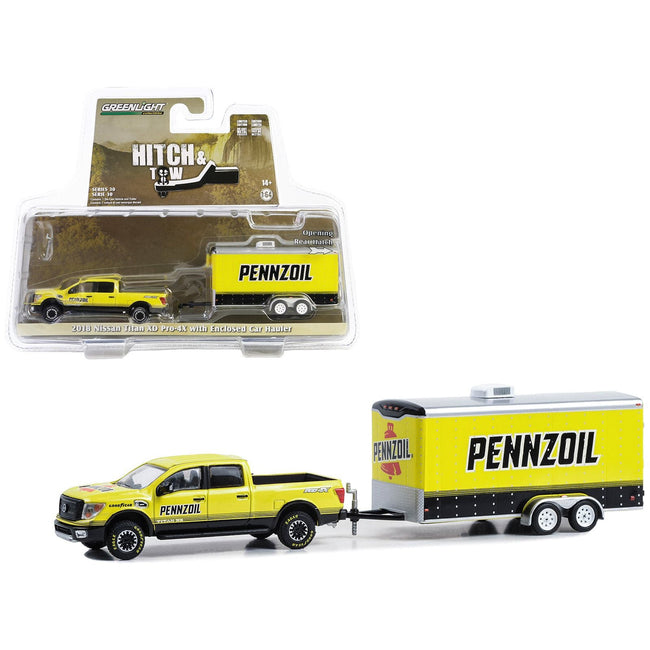 2018 Nissan Titan XD Pro - 4X Pickup Truck Yellow with Enclosed Car Hauler "Pennzoil" "Hitch & Tow" Series 30 1/64 Diecast Model Car by Greenlight - Greenlight - ModelCars.com