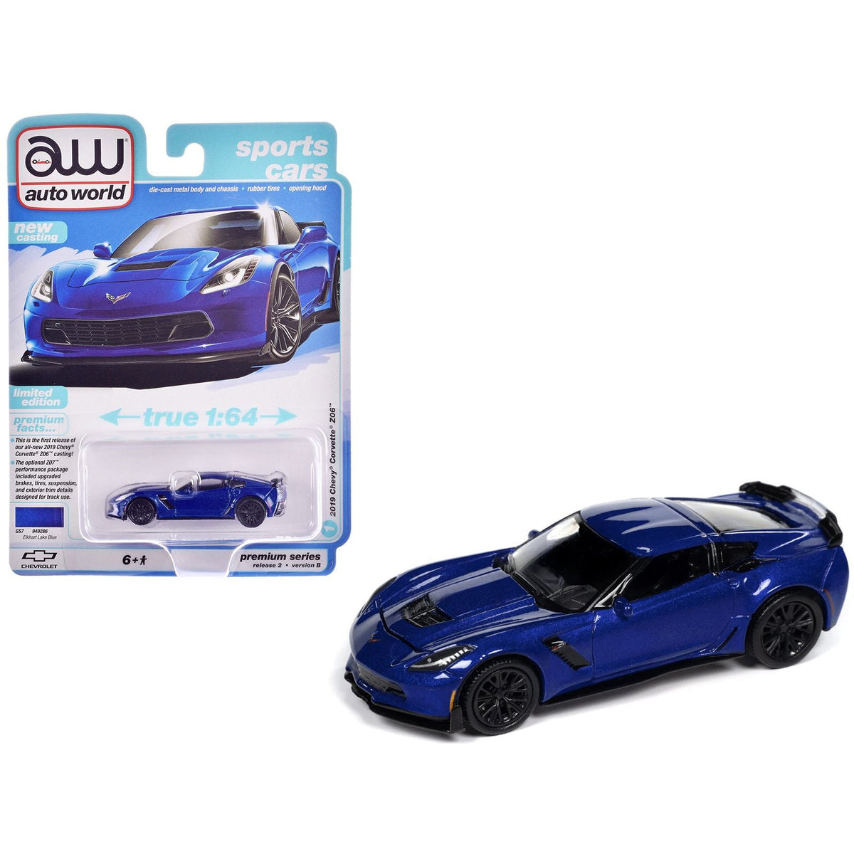 2019 Chevrolet Corvette Z06 Elkhart Lake Blue Metallic "Sports Cars" Series 1/64 Diecast Model Car by Auto World-Autoworld-ModelCars.com