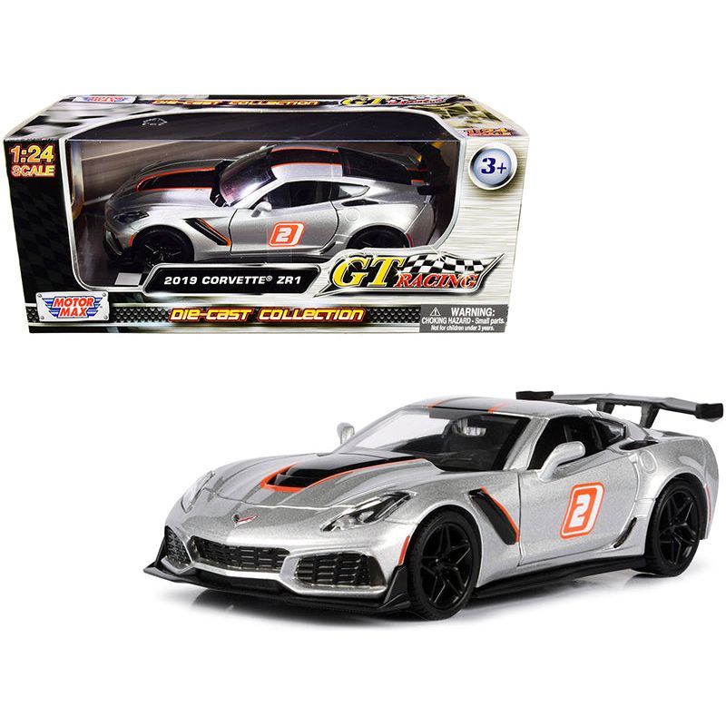 2019 Chevrolet Corvette ZR1 2 Silver with Black and Orange Stripes "GT Racing" Series 1/24 Diecast Model Car by Motormax - Motormax - ModelCars.com