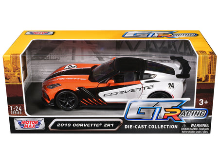 2019 Chevrolet Corvette ZR1 #24 Orange and White with Black Graphics "GT Racing" Series 1/24 Diecast Model Car by Motormax-Motormax-ModelCars.com