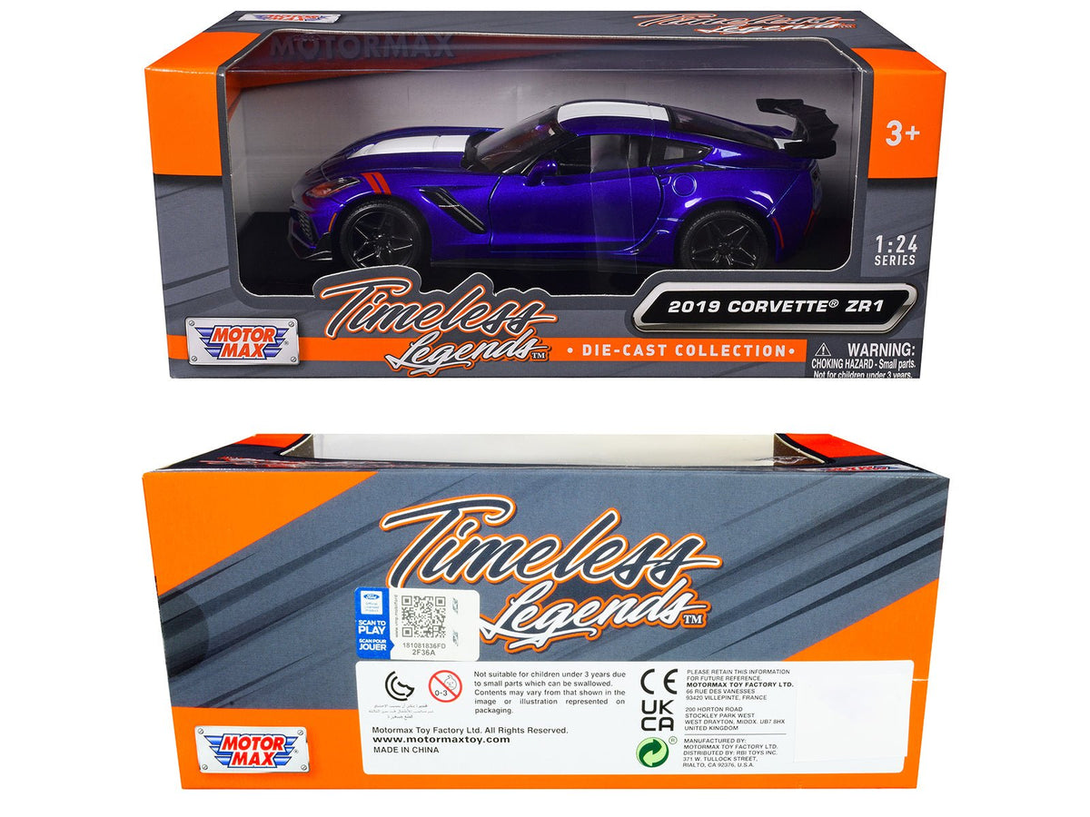 2019 Chevrolet Corvette ZR1 Blue Metallic and White "Timeless Legends" Series 1/24 Diecast Model Car by Motormax-Motormax-ModelCars.com