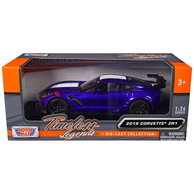 2019 Chevrolet Corvette ZR1 Blue Metallic and White "Timeless Legends" Series 1/24 Diecast Model Car by Motormax - Motormax - ModelCars.com