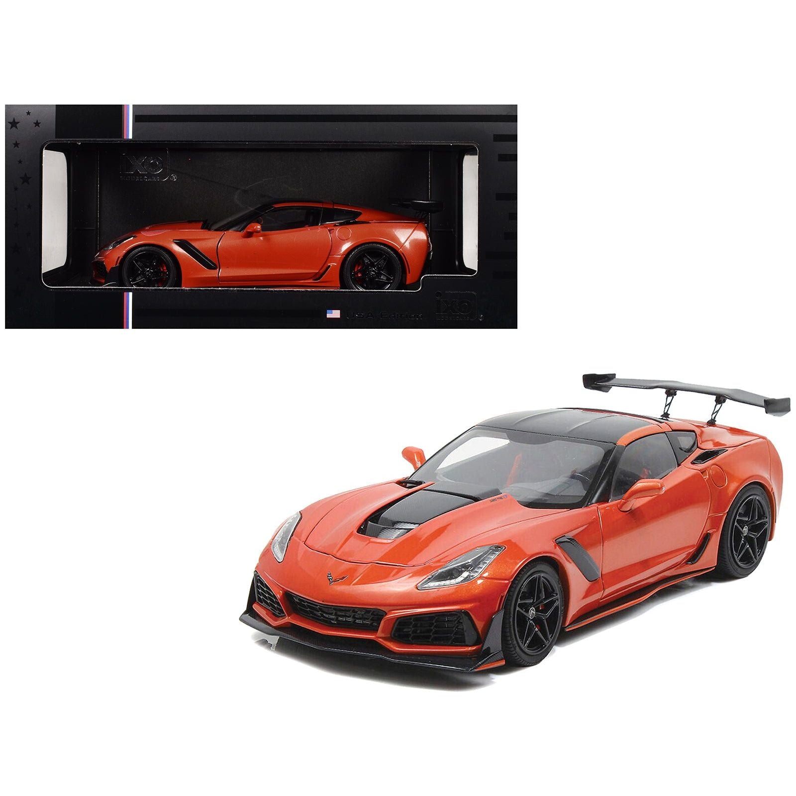 2019 Chevrolet Corvette ZR1 Sebring Orange Metallic with Carbon Top and Hood 1/18 Diecast Model Car by IXO Models - IXO - ModelCars.com